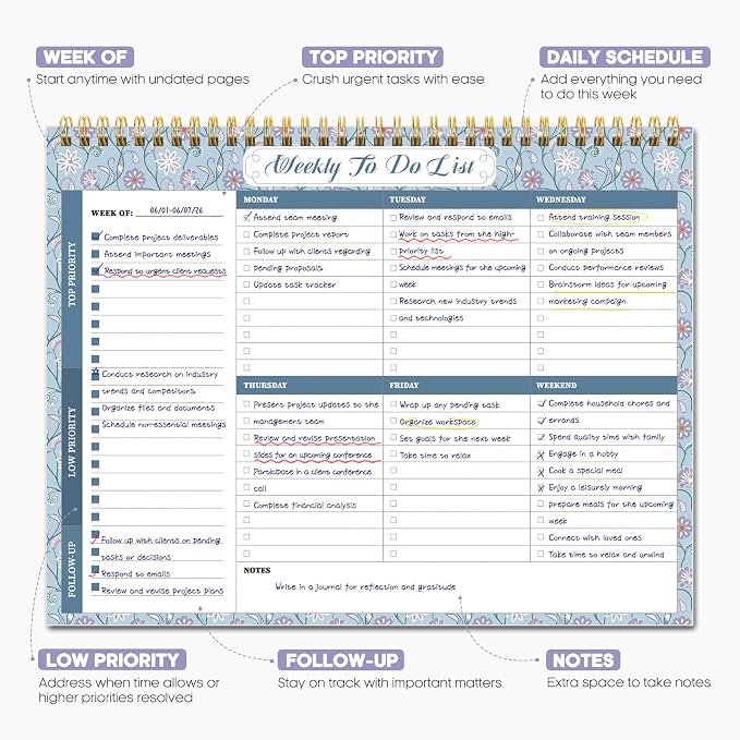 Weekly To Do List Notepad with 52 Undated Sheets（8.5"×11"）- Weekly Desk Planner for Women & Man, Work and Home - Misty Blue