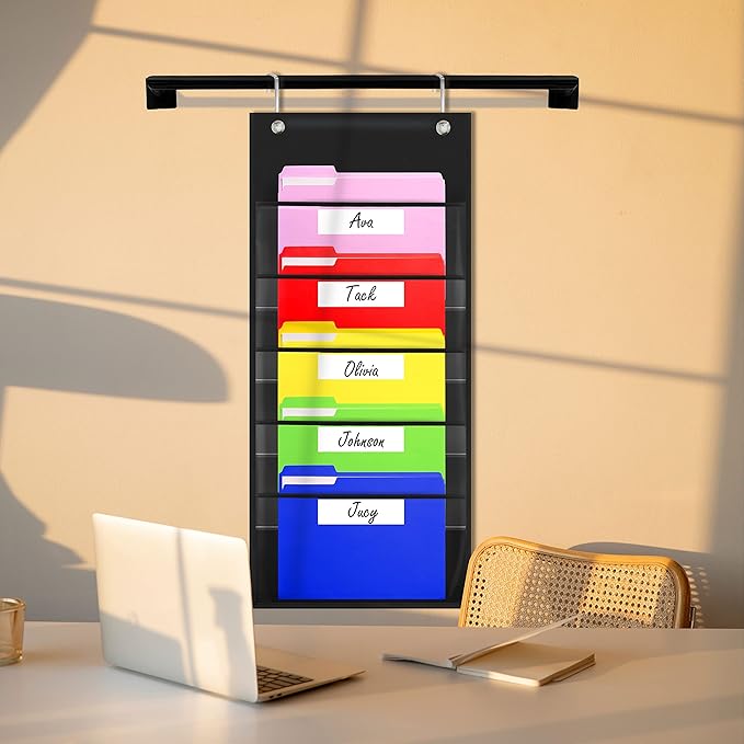 Storage Pocket Chart, Heavy Duty Wall File Organization Folder with 5 Clear File Pockets, 5 Blank Dry-Erase Name Stickers Plus 2 Over Door Hooks for Files, Bills, Classroom & Office (Black, 14” X 28”)