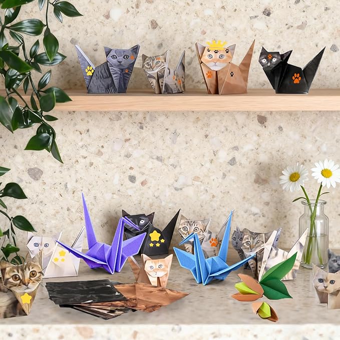 DIY Paper Cats Origami Kit - 50 Sheets DIY Paper Origami to Fold Your Own Cute Cat Figures - Perfect Desk Origami Cats Decoration & Creative Gift for Kids, Adults & Cat Lovers