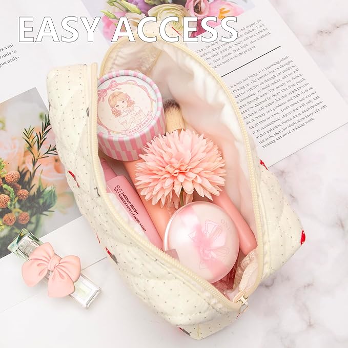 PAZIMIIK 6PCS Vintage Quilted Makeup Bag SET Cosmetic Pouch for Brushes Pencils and Travel Make Up Accessories for Women and Girls Gauze Strawberry