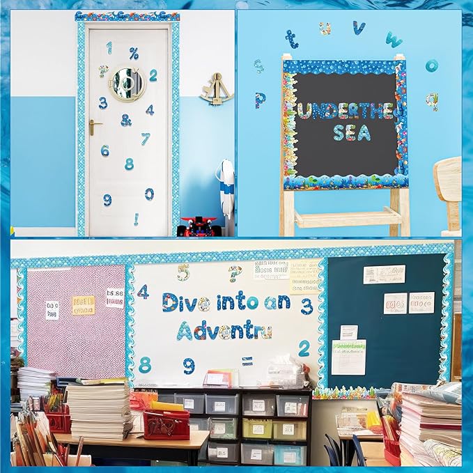 221 Pcs Ocean Bulletin Board Letters, Round Alphabet Number Punctuation Symbol Combo Letter Cutouts, Under The Sea Classroom Decor for School Classroom Chalkboard Poster Bulletin Board Wall