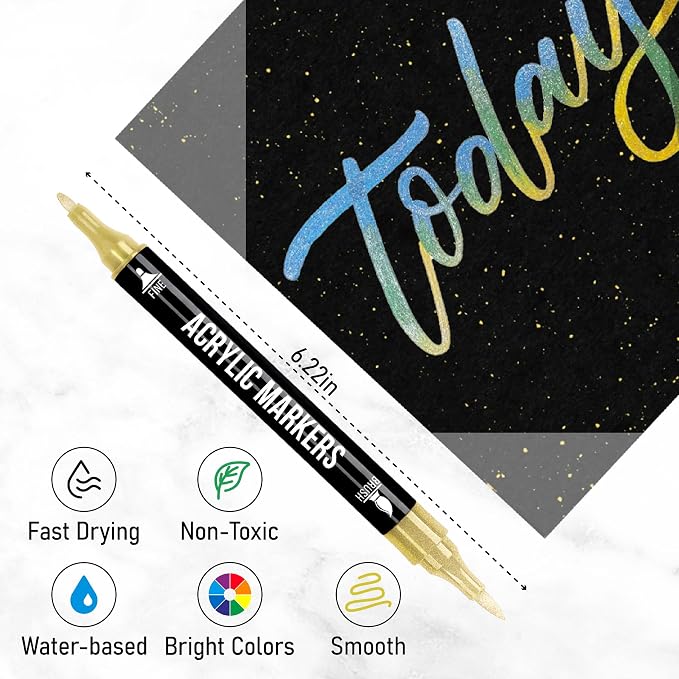 Pagather Metallic Acrylic Paint Markers, 24 Colors Dual Tip Pens Set