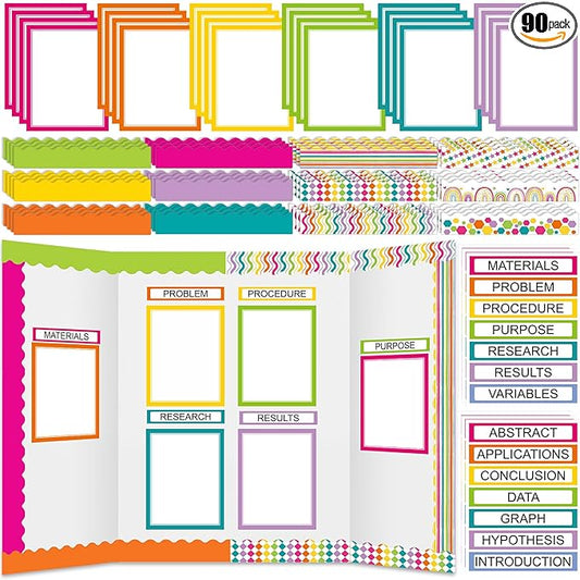 Fuyoooo 90 Pcs Science Fair Board Supplies 60 Trim Scalloped Bulletin Board Borders 24 Presentation Board Subtitles 6 Science Fair Titles for Classroom Display Boards(Colorful)
