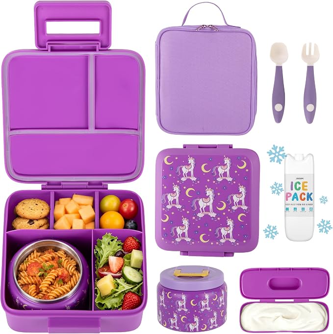 JXXM Bento Lunch Box for Kids With 8oz Soup thermo,Leak-proof Lunch Containers with 5 Compartment,thermo Food Jar and Lunch Bag, Food Containers for School (Purple Unicorn)