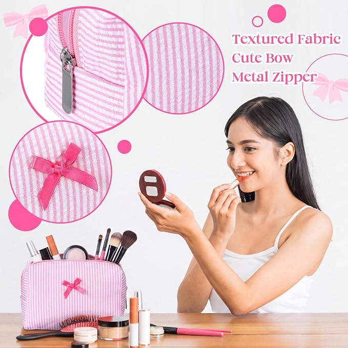 Huhumy 2 Pcs Bow Tie Makeup Bag Set, Stripe Cosmetic Pouch for Women, Seersucker Travel Toiletry Bag, Preppy Makeup Purse Pouch, Aesthetic Skincare Brushes Storage Organizer for Women Gifts(Pink)