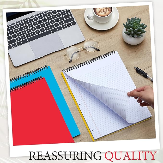 MotiMind 10 Pack 8.5" x 11" Top Spiral Notebook with 3 Hole Punched White Legal Pads College Ruled Notepad 50 Sheets Hard Cardboard Paper Wirebound Notepad for Office Business School