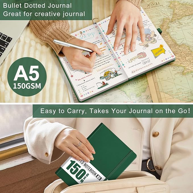 AHGXG Dotted Journal - 150 GSM Dot Grid Notebook Journal, Thick Acid-Free Paper, A5 Dotted Notebook 128 Pages, Leather Hardcover, Inner Pocket, Journal Stencil, 5.7'' × 8.3'', Dark Green