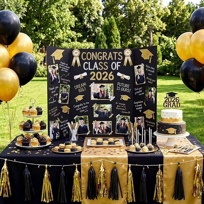 Colarr 3 Pack Graduation Photo Display Board Large Graduation Season Trifold Poster Board 24" x 36" Black Trifold Poster Photo Display for Class of 2026 Grad Party Picture Frames for Table