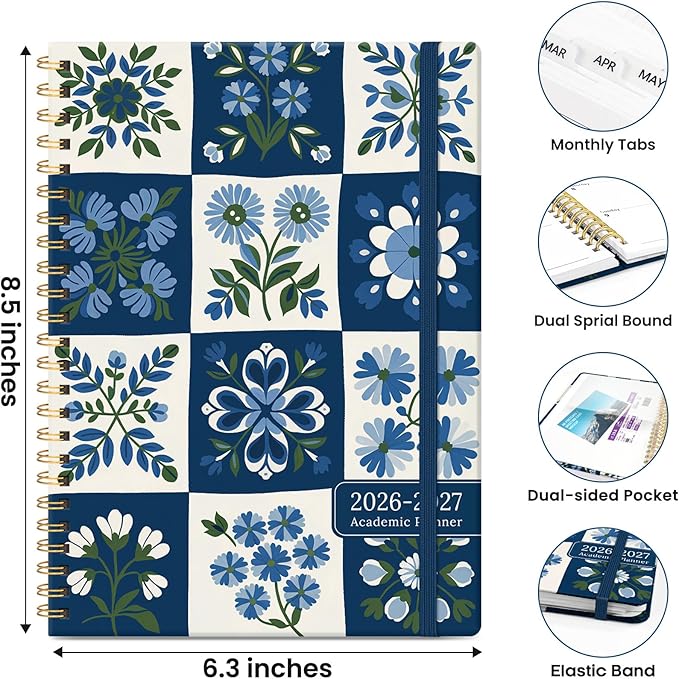 Planner 2026-2027, Monthly and Weekly Academic Planner July 2026 - June 2027, Hardcover Student Teacher Planning Agenda Calendar Book with Tabs, Perfect for Office School Supplies, A5 (6.3" x 8.5") - Petal Array