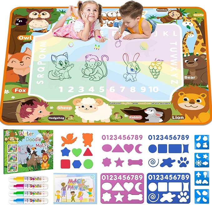 BlissfulBlend Water Doodle Mat Kids Mess Free Coloring for Toddlers 3 4 5 6 7 8 9 Years, 19 Pack Educational Toys, Doodle Mat with Magic Water Pens Boys Girls Christmas Birthday Holiday Present