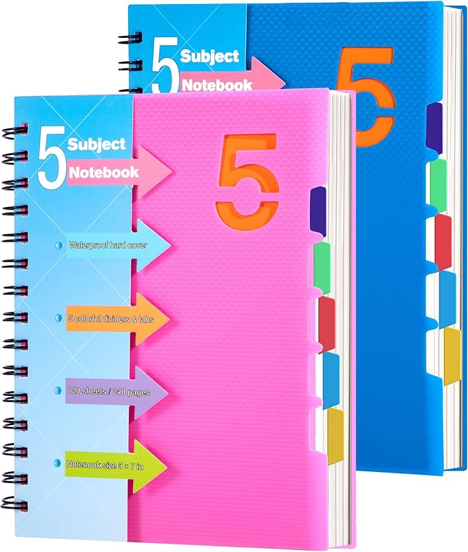 CAGIE 5 Subject Notebook 2 Pack, A5 Small Spiral Notebook with Removable Pocket Dividers Tabs, 240 Pages Spiral Note Book College Ruled for School Work Note taking, Pink&Blue