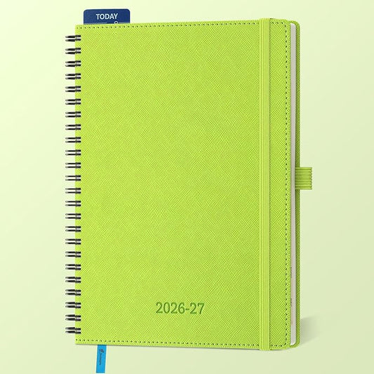 Planner 2026-2027 Daily Weekly and Monthly,8.5"x6.5",18 Months Spiral Bound Calendar Agenda with Self-adhesive Pen Holder,2026 Academic Plan with Vegan Leather Soft Cover,Wasabi Green