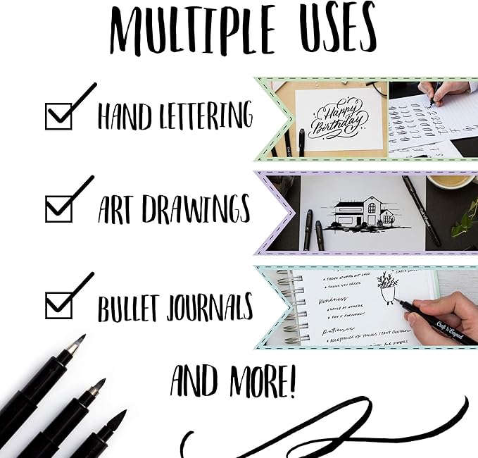 Craft 'n' Beyond Calligraphy Brush Pens Pack of 3 Small, Medium and Large Markers for Hand Lettering, Art Drawing, Sketching, Scrapbooking, Writing, Journaling - Beginner Kit with Fadeproof Black Ink