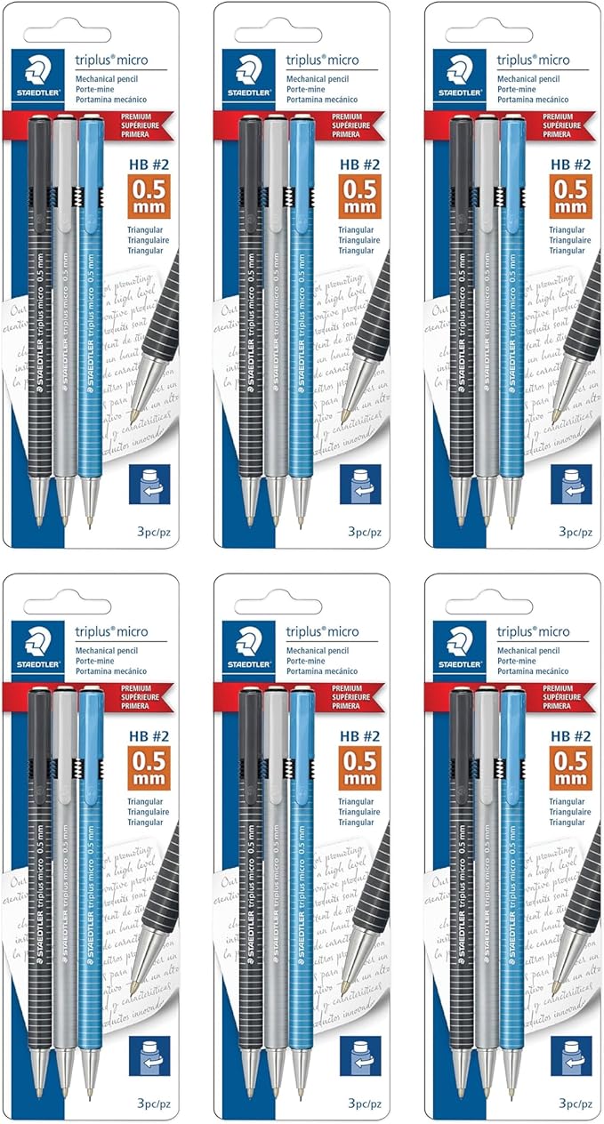 STAEDTLER Triplus Micro Mechanical Pencils (#2) 0.5mm lead, Retractable with Twist Eraser, Ergonomic Triangular Grip for Writing, Drawing & Drafting, 3-Pack (18)