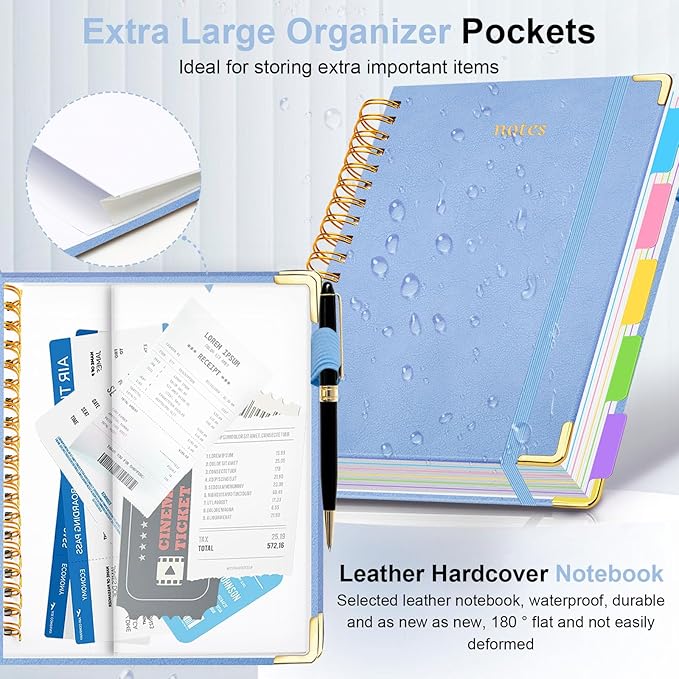 Hardcover Spiral Notebook 8"x10" Journal Notebook with Tabs and Removable Dividers 300 Pages 5 Subject Notebook College Ruled, Faux Leather Spiral Bound Notebook for Women School Work (Lake Blue)
