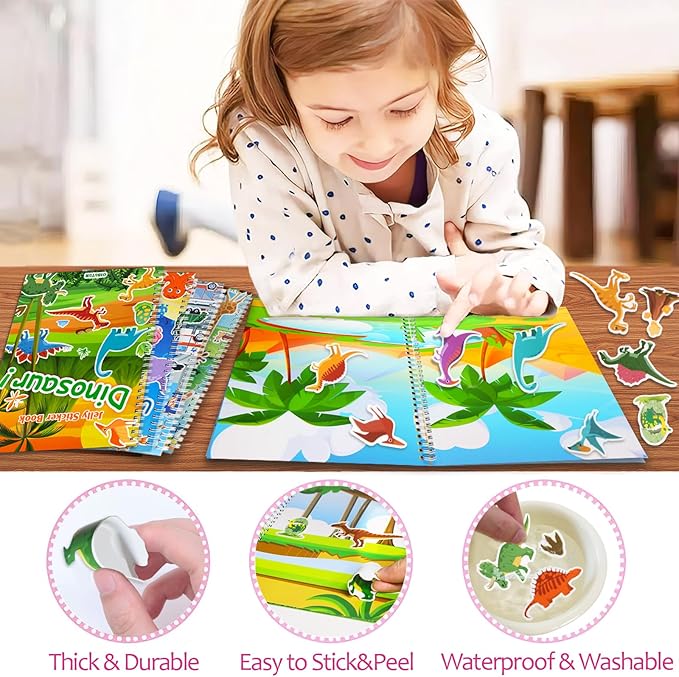 Reusable Sticker Book for Kids 1-3, Jelly Sticker Books for Toddlers 2-4 Years, Dinosaur Stickers for Kids, Toddler Easter Basket Stuffers＆Travel Essentials Plane Activities (Dinosaur)