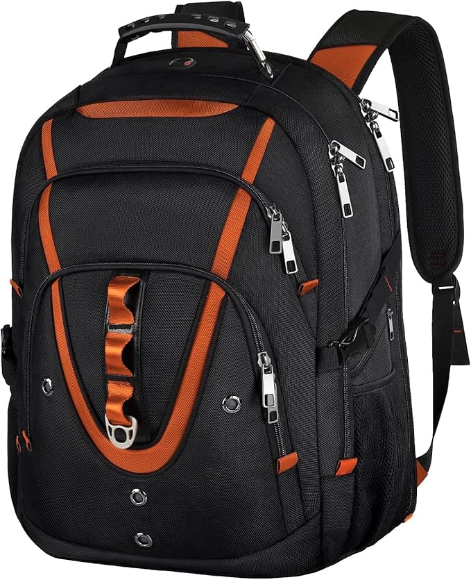 18.4 Laptop Backpack Women Men, 55L-60L Flight Approved Extra Large Travel Backpack RFID Anti Theft and TSA Friendly Backpack, Water Resistant College School Heavy Duty, Orange