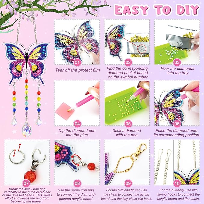 Arts and Crafts for Kids Ages 8-12, Diamond Art Kits for Kids Birthday Gifts for 5 6 7 8 9 10 11 Year Old Girls Diamond Painting Kits for Adults Teen, Gem Art Suncatcher Wind Chime for Home Garden