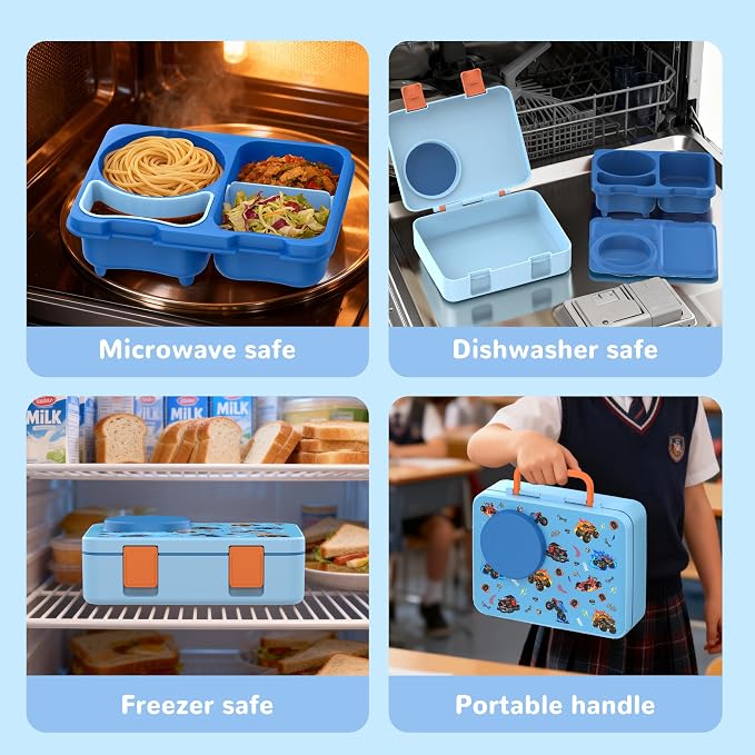 Kids Insulated Lunch Box with 8OZ Thermo Food Jar | Leakproof Bento Box with Ice Pack Sauce Cup Utensils Removable Tray & Dividers for School Daycare Travel, Trucks