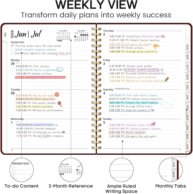 Academic Planner 2026-2027, Weekly and Monthly Calendar Planner Book, July 2026 – June 2027, Hardcover Organizer with Tabs, Perfect for Teachers, Students, Women & Men, A5 (6.4" x 8.5") - Burgundy
