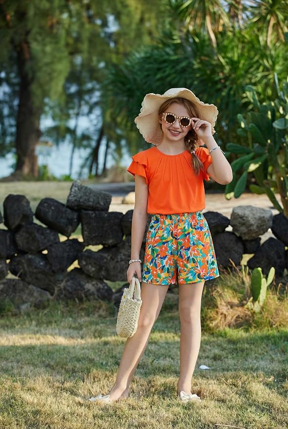 Arshiner Girls 2 Piece Outfits Summer Ruffle Sleeve Top and Paperbag Waist Shorts Set with Pockets Size 5-13 Years