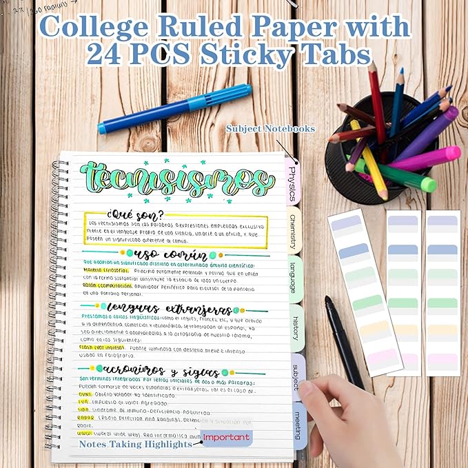 Spiral Notebook, Wide Ruled Notebook Journal, 8.5" x 11" Lined Journal Notebook Pack, A4 Large Subject Notebook for School, Work, Notes, 560 Thick Paper, 24pcs Index Tabs, Assorted Pastel Notebook