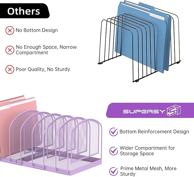 SUPEASY File Organizer 9-Section Mesh Desk Organizer, Upright File Organizer Desktop Organizer File Sorter, File Folder Holder for Office Supplies, Purple (Pack of 2)
