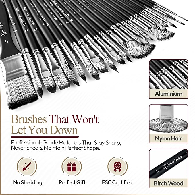 Flow & Hue 25 Pce Professional Paint Brush Set – Acrylic, Watercolor, Oil & Gouache - 9 Brush Shapes (Flat, Round, Filbert, Fan, Angle, Liner) + Palette Knife & Waterproof Canvas Roll Case for Artists