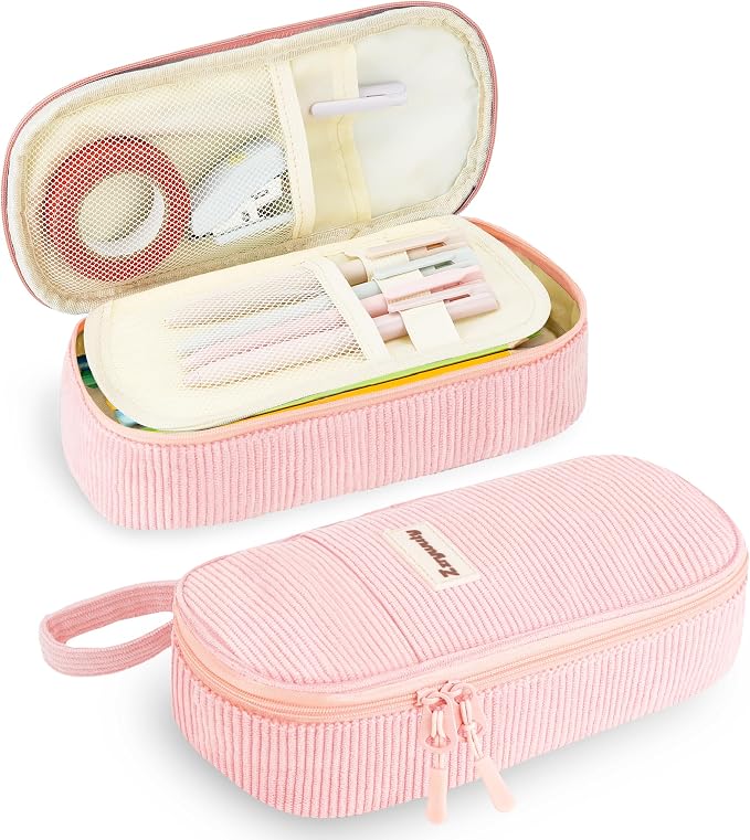 Zzrywuty Pink Aesthetic Pencil Case, Large Capacity Soft Corduroy Stationery Pouch with Handle, Wide Opening Cute Bag & Organizer for School Girls, Teens, Adults