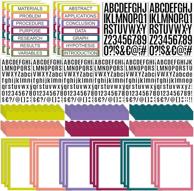 Sinload 92 Pcs Science Fair Board Supplies 60 Trim Scalloped Poster Boards 18 Presentation Subtitles 6 Project Titles 8 Letter Sticker for Classroom Display Boards(Bright Color,Wave)