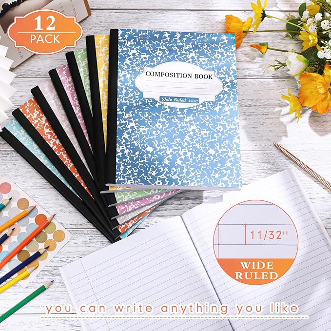 Colarr 12 Pack Wide Ruled Composition Notebook 9.75 x 7.5 Inch Marble Paper Composition Books Assorted Fun Colors Office School Notebook, Hard Cover, Sturdy Sewn Binding (Bright Color)