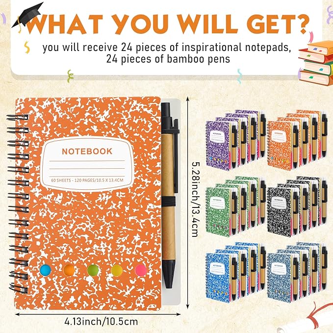 Dunzoom 24 Sets Spiral Notebook Bulk, Steno Pads Lined Notepad with Pen, Sticky Notes Colored Index Tabs, 5.2" x 4.1" Pocket Notebook for Home Business Office Supplies, 60 Sheets (Multicolor)