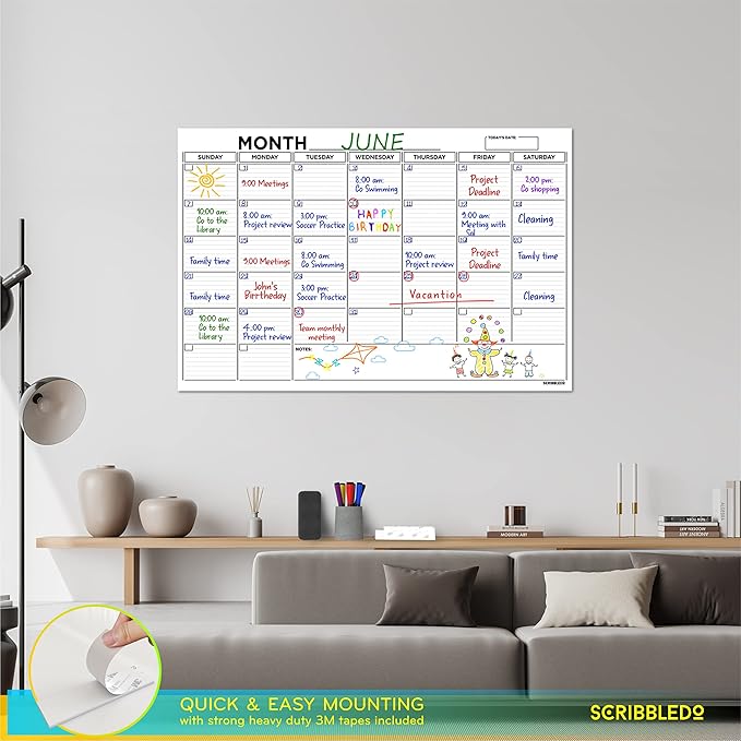 Large 24"x36" White Board Calendar Dry Erase for Wall Big Dry Erase Wall Calendar Monthly Large Wall Calendar Dry Erase Board Planner Includes 6 Markers Eraser Push Pins & Mounting Tape