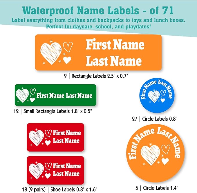 Personalized Daycare Name Labels for Kids (71 Labels) - Custom Durable Waterproof Name Stickers for Clothing Tags, Water Bottles, Lunch Boxes, and School Supplies - Dishwasher, Washer