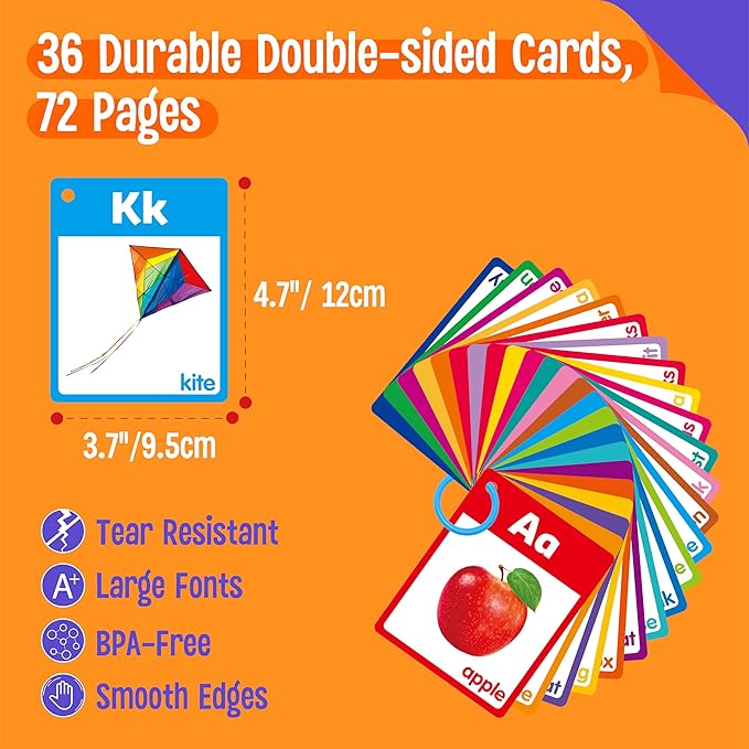 Alphabet & Number Flashcards, 36 Double-Sided Cards Uppercase & Lowercase Letter Cards, ABC, 123 & First Words Learning Cards for Preschool and Toddlers Learning (1 Reclosable Rings Attached)