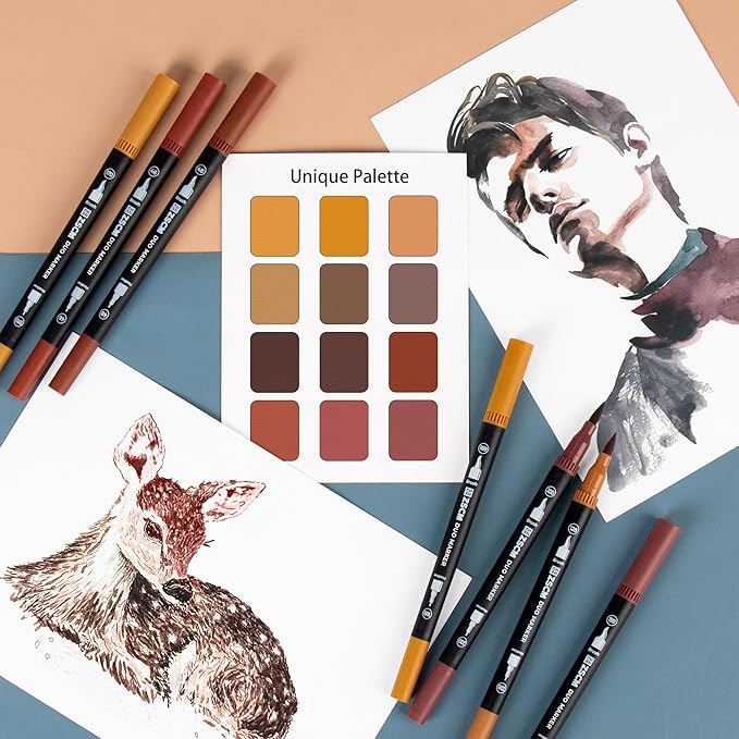 ZSCM Brown Duo Tip Marker Pens, 12 Pack Fine & Brush Markers for Adult Coloring Books No Bleeding, Earth Brown Markers for Wood Texture, Animal Fur, Vintage Effects and Antique Coloring