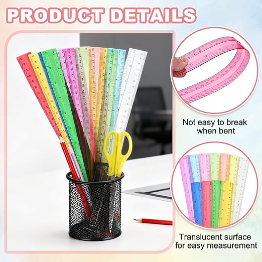 HARFINGTON 20pcs Plastic Rulers 12" (30cm) Clear Straight Ruler Measuring Tool Inches and Centimeters for Home Office Classrooms Drafting, Clear Pink