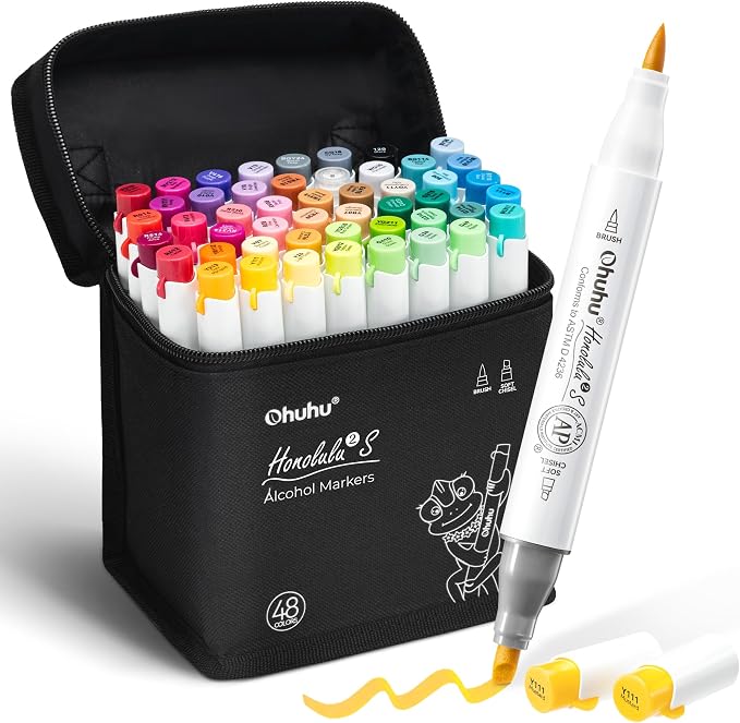 Ohuhu Alcohol Markers 48 Colors Brush& Soft Chisel AP Certified Refillable