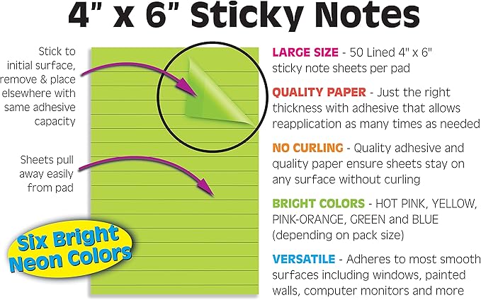 Better Office Products Lined Sticky Notes 4x6, 10 Pack (500 Sheets), Lined Post It Notes 4x6 Assorted Bright Colors, Strong Adhesive, Large Notes for Office School Memos