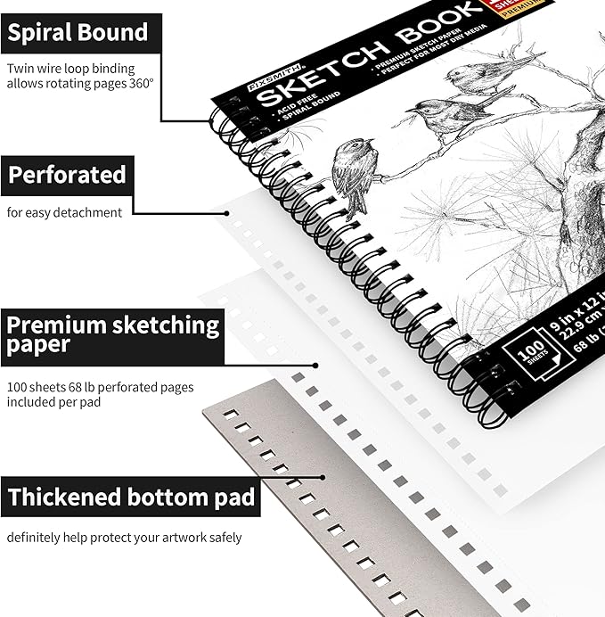 FIXSMITH 9"X12" Sketch Book | 100 Sheets (68 lb/100gsm) Spiral Sketchbook | Acid Free Drawing Paper | Sketch Pad for Kids,Beginners,Artists & Professionals| Bright White