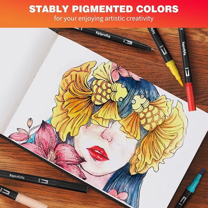 Eglyenlky Colored Markers for Adult Coloring Books, Dual Tip Brush Pens with 100 Watercolor Fine Tip Markers and Brush pens for Kids Drawing Calligraphy