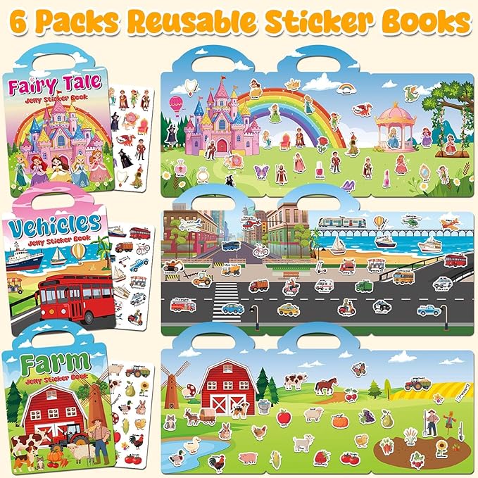 6 Sets Reusable Sticker Books for Toddlers 3+ Years, Jelly Sticker Book for Kids, Travel Stickers Activity Book Travel Toys for Toddlers