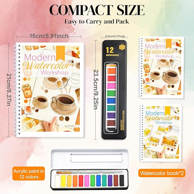 2-Pack Beginner Watercolor Workbooks: 24 Coloring Pages + 12 Watercolor Paints + Brush – 300gsm/140lb Paper – Gift for Women, Adults & Beginners (Autumn & Kitchen)