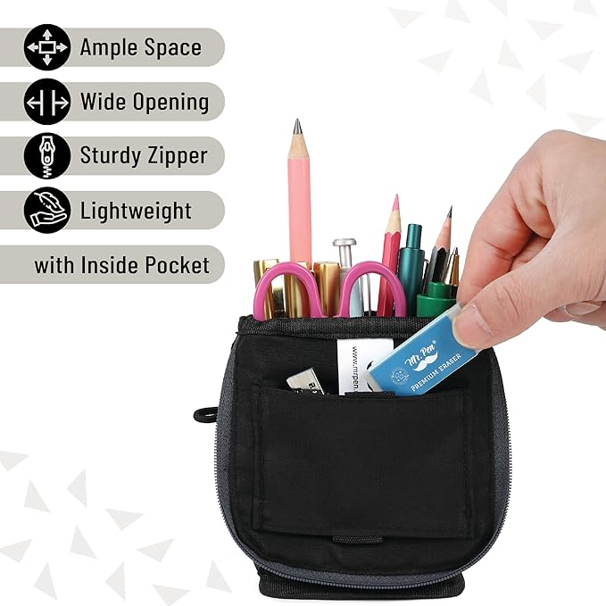 Mr. Pen- Standing Pencil Case Pouch, Sit & Lay Mesh-View Design, Black with Gray Zipper, Interior Pocket & 2 Elastic Binder Loops, Cute Pencil Case for Girls and Boys