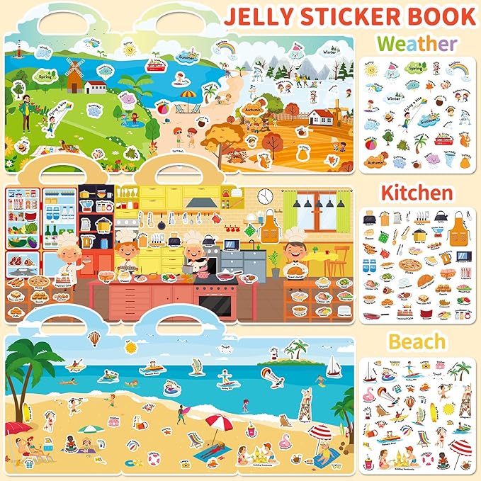 6 Sets Reusable Sticker Book for Toddlers 3-6, Jelly Sticker Books for Toddler, Travel Sticker Activity Toys for Kids 3 4 5 6 Years Old Girls & Boys