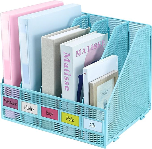Desk Organizers, Metal Magazine File Holder with 5 Vertical Compartments Rack Binder File Organizer for Office Supplies, Home Workspace - Blue