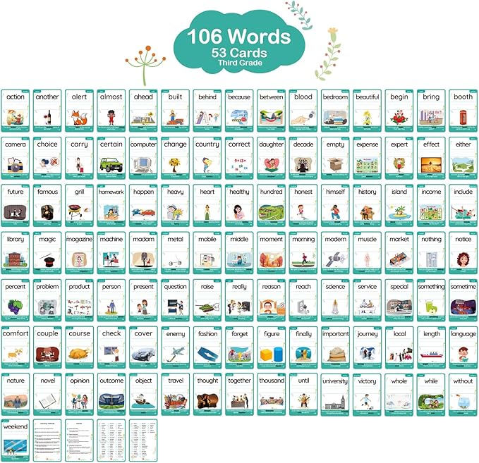 WJPC 55pcs Cards, 106Pictures High Frequency Sight Words Flash Cards 2nd, 3rd Grade (Third-Grade) for 7,8,9,10,11 Years Age Kids Homeschool Learn to Read, Write,Association, Sentence Making