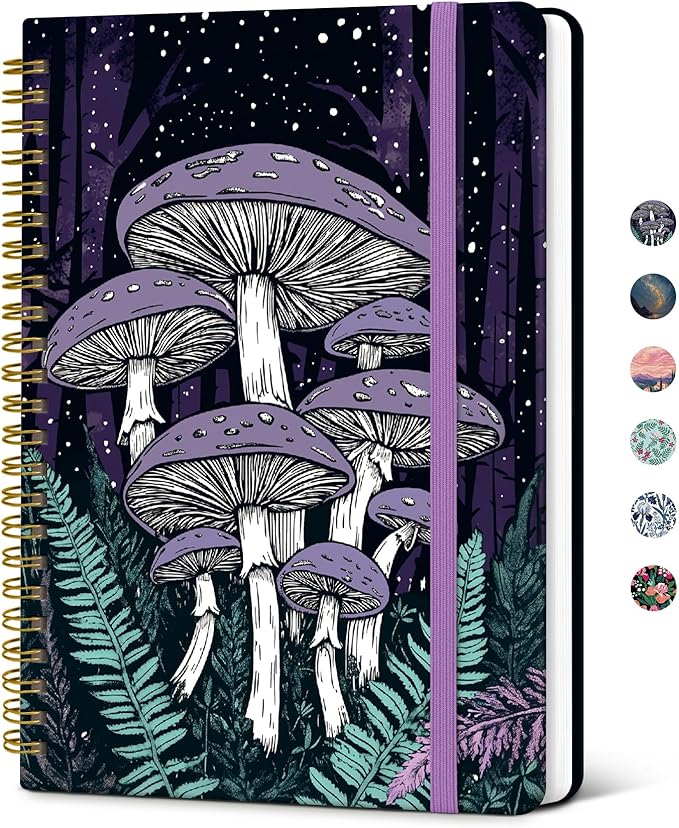 Taja Lined Spiral Journal Notebook for Women, Pretty College Ruled Notebook for Work & Note Taking, A5 Hardcover Journal for Writing, Cute Aesthetic 140 Pages, Enchanted Fungi