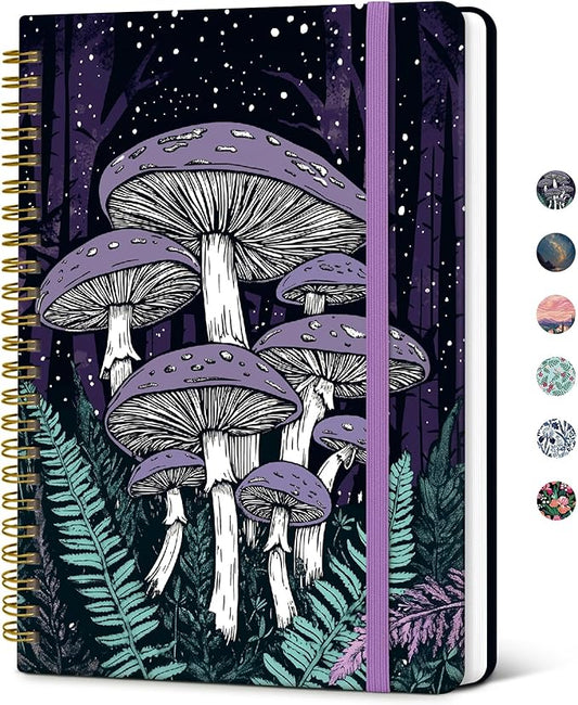 Taja Lined Spiral Journal Notebook for Women, Pretty College Ruled Notebook for Work & Note Taking, A5 Hardcover Journal for Writing, Cute Aesthetic 140 Pages, Enchanted Fungi