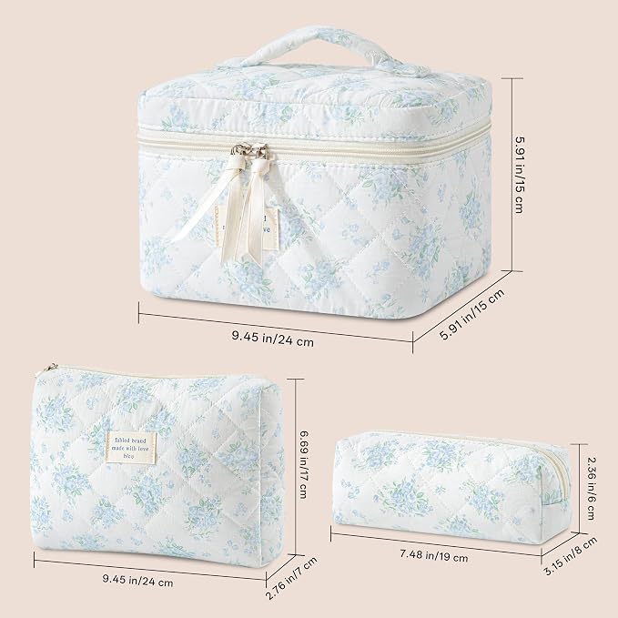 HBselect Quilted Makeup Bag, 3Pcs Cotton Large Travel Makeup Bags Organizer | Cute Floral Make up Bag Cosmetic Bag Toiletry Bag for Women Girls, Makeup Pouch for Skincare, Brushes & Travel Essentials